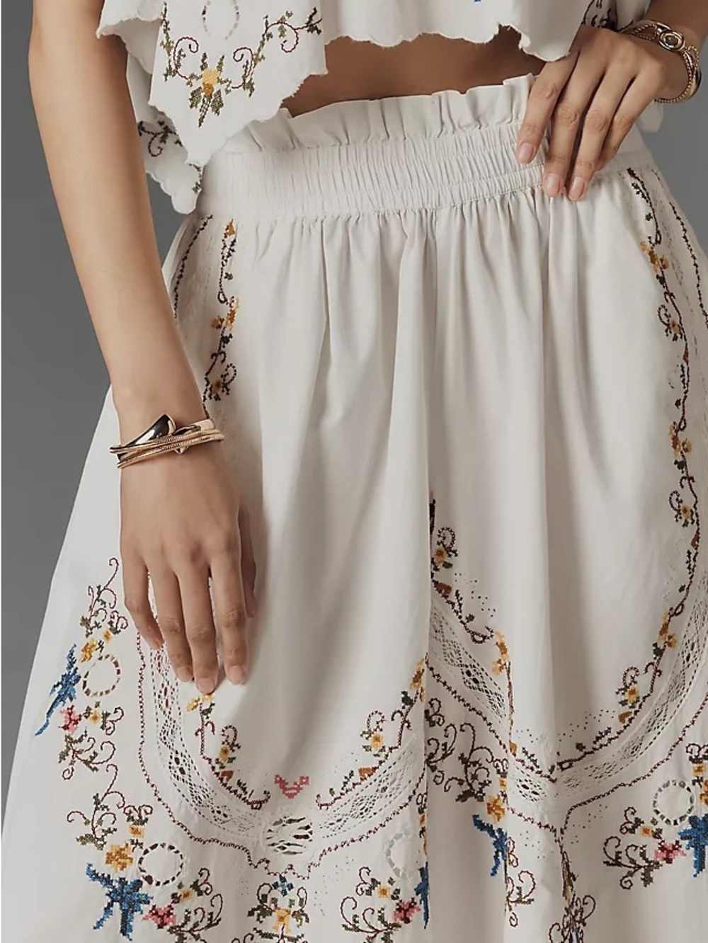 Anthropologie Cream Embroidered Midi Skirt - Picture 2 of 6